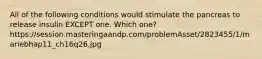 All of the following conditions would stimulate the pancreas to release insulin EXCEPT one. Which one?https://session.masteringaandp.com/problemAsset/2823455/1/mariebhap11_ch16q26.jpg