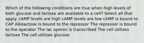 Which of the following conditions are true when high levels of both glucose and lactose are available to a cell? Select all that apply. cAMP levels are high cAMP levels are low cAMP is bound to CAP Allolactose is bound to the repressor The repressor is bound to the operator The lac operon is transcribed The cell utilizes lactose The cell utilizes glucose