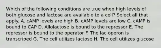 Which of the following conditions are true when high levels of both glucose and lactose are available to a cell? Select all that apply. A. cAMP levels are high B. cAMP levels are low C. cAMP is bound to CAP D. Allolactose is bound to the repressor E. The repressor is bound to the operator F. The lac operon is transcribed G. The cell utilizes lactose H. The cell utilizes glucose