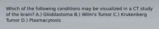 Which of the following conditions may be visualized in a CT study of the brain? A.) Glioblastoma B.) Wilm's Tumor C.) Krukenberg Tumor D.) Plasmacytosis