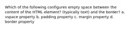 Which of the following configures empty space between the content of the HTML element? (typically text) and the border? a. vspace property b. padding property c. margin property d. border property