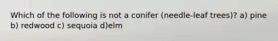 Which of the following is not a conifer (needle-leaf trees)? a) pine b) redwood c) sequoia d)elm