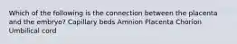 Which of the following is the connection between the placenta and the embryo? Capillary beds Amnion Placenta Chorion Umbilical cord