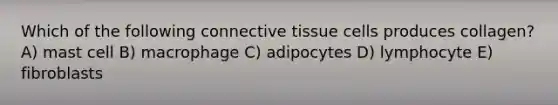 Which of the following connective tissue cells produces collagen? A) mast cell B) macrophage C) adipocytes D) lymphocyte E) fibroblasts