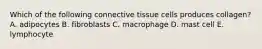 Which of the following connective tissue cells produces collagen? A. adipocytes B. fibroblasts C. macrophage D. mast cell E. lymphocyte