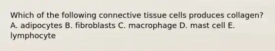 Which of the following <a href='https://www.questionai.com/knowledge/kYDr0DHyc8-connective-tissue' class='anchor-knowledge'>connective tissue</a> cells produces collagen? A. adipocytes B. fibroblasts C. macrophage D. mast cell E. lymphocyte