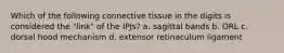 Which of the following connective tissue in the digits is considered the "link" of the IPJs? a. sagittal bands b. ORL c. dorsal hood mechanism d. extensor retinaculum ligament