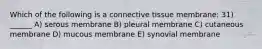 Which of the following is a connective tissue membrane: 31) ______ A) serous membrane B) pleural membrane C) cutaneous membrane D) mucous membrane E) synovial membrane