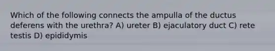 Which of the following connects the ampulla of the ductus deferens with the urethra? A) ureter B) ejaculatory duct C) rete testis D) epididymis