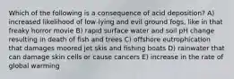 Which of the following is a consequence of acid deposition? A) increased likelihood of low-lying and evil ground fogs, like in that freaky horror movie B) rapid surface water and soil pH change resulting in death of fish and trees C) offshore eutrophication that damages moored jet skis and fishing boats D) rainwater that can damage skin cells or cause cancers E) increase in the rate of global warming