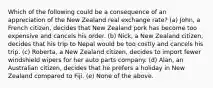 Which of the following could be a consequence of an appreciation of the New Zealand real exchange rate? (a) John, a French citizen, decides that New Zealand pork has become too expensive and cancels his order. (b) Nick, a New Zealand citizen, decides that his trip to Nepal would be too costly and cancels his trip. (c) Roberta, a New Zealand citizen, decides to import fewer windshield wipers for her auto parts company. (d) Alan, an Australian citizen, decides that he prefers a holiday in New Zealand compared to Fiji. (e) None of the above.