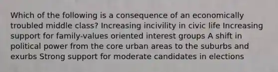 Which of the following is a consequence of an economically troubled middle class? Increasing incivility in civic life Increasing support for family-values oriented interest groups A shift in political power from <a href='https://www.questionai.com/knowledge/kD8KqkX2aO-the-core' class='anchor-knowledge'>the core</a> urban areas to the suburbs and exurbs Strong support for moderate candidates in elections