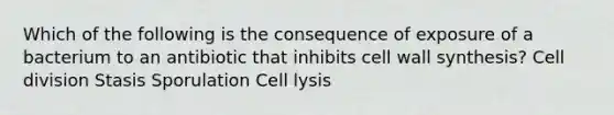 Which of the following is the consequence of exposure of a bacterium to an antibiotic that inhibits cell wall synthesis? Cell division Stasis Sporulation Cell lysis