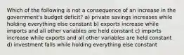 Which of the following is not a consequence of an increase in the government's budget deficit? a) private savings increases while holding everything else constant b) exports increase while imports and all other variables are held constant c) imports increase while exports and all other variables are held constant d) investment falls while holding everything else constant