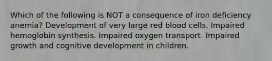 Which of the following is NOT a consequence of iron deficiency anemia? Development of very large red blood cells. Impaired hemoglobin synthesis. Impaired oxygen transport. Impaired growth and cognitive development in children.