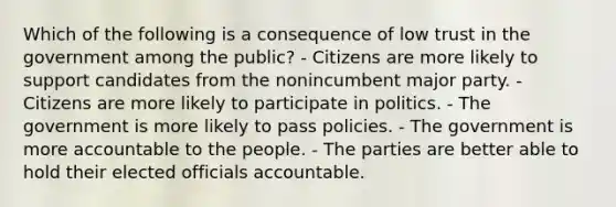 Which of the following is a consequence of low trust in the government among the public? - Citizens are more likely to support candidates from the nonincumbent major party. - Citizens are more likely to participate in politics. - The government is more likely to pass policies. - The government is more accountable to the people. - The parties are better able to hold their elected officials accountable.