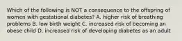 Which of the following is NOT a consequence to the offspring of women with gestational diabetes? A. higher risk of breathing problems B. low birth weight C. increased risk of becoming an obese child D. increased risk of developing diabetes as an adult