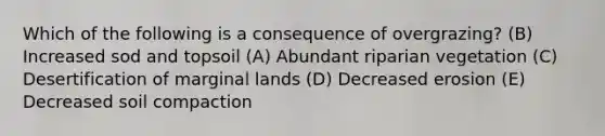 Which of the following is a consequence of overgrazing? (B) Increased sod and topsoil (A) Abundant riparian vegetation (C) Desertification of marginal lands (D) Decreased erosion (E) Decreased soil compaction