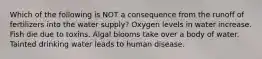 Which of the following is NOT a consequence from the runoff of fertilizers into the water supply? Oxygen levels in water increase. Fish die due to toxins. Algal blooms take over a body of water. Tainted drinking water leads to human disease.