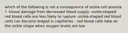 which of the following is not a consequence of sickle-cell anemia ? -tissue damage from decreased blood supply -sickle-shaped red blood cells are less likely to rupture -sickle-shaped red blood cells can become lodged in capillaries - red blood cells take on the sickle shape when oxygen levels are low