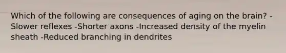 Which of the following are consequences of aging on <a href='https://www.questionai.com/knowledge/kLMtJeqKp6-the-brain' class='anchor-knowledge'>the brain</a>? -Slower reflexes -Shorter axons -Increased density of the myelin sheath -Reduced branching in dendrites