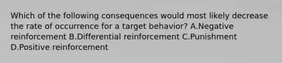 Which of the following consequences would most likely decrease the rate of occurrence for a target behavior? A.Negative reinforcement B.Differential reinforcement C.Punishment D.Positive reinforcement