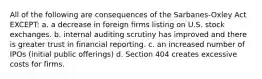 All of the following are consequences of the Sarbanes-Oxley Act EXCEPT: a. a decrease in foreign firms listing on U.S. stock exchanges. b. internal auditing scrutiny has improved and there is greater trust in financial reporting. c. an increased number of IPOs (initial public offerings) d. Section 404 creates excessive costs for firms.