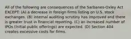 All of the following are consequences of the Sarbanes-Oxley Act EXCEPT: (A) a decrease in foreign firms listing on U.S. stock exchanges. (B) internal auditing scrutiny has improved and there is greater trust in financial reporting. (C) an increased number of IPOs (initial public offerings) are expected. (D) Section 404 creates excessive costs for firms.