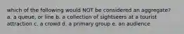which of the following would NOT be considered an aggregate? a. a queue, or line b. a collection of sightseers at a tourist attraction c. a crowd d. a primary group e. an audience