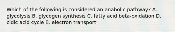 Which of the following is considered an anabolic pathway? A. glycolysis B. glycogen synthesis C. fatty acid beta-oxidation D. cidic acid cycle E. electron transport