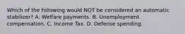 Which of the following would NOT be considered an automatic stabilizer? A. Welfare payments. B. Unemployment compensation. C. Income Tax. D. Defense spending.