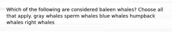 Which of the following are considered baleen whales? Choose all that apply. gray whales sperm whales blue whales humpback whales right whales