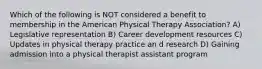 Which of the following is NOT considered a benefit to membership in the American Physical Therapy Association? A) Legislative representation B) Career development resources C) Updates in physical therapy practice an d research D) Gaining admission into a physical therapist assistant program