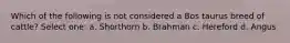 Which of the following is not considered a Bos taurus breed of cattle? Select one: a. Shorthorn b. Brahman c. Hereford d. Angus
