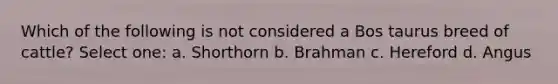 Which of the following is not considered a Bos taurus breed of cattle? Select one: a. Shorthorn b. Brahman c. Hereford d. Angus