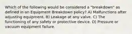 Which of the following would be considered a "breakdown" as defined in an Equipment Breakdown policy? A) Malfunctions after adjusting equipment. B) Leakage at any valve. C) The functioning of any safety or protective device. D) Pressure or vacuum equipment failure.