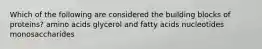 Which of the following are considered the building blocks of proteins? amino acids glycerol and fatty acids nucleotides monosaccharides
