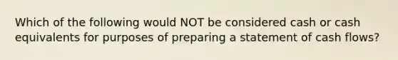 Which of the following would NOT be considered cash or cash equivalents for purposes of preparing a statement of cash flows?