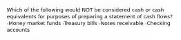 Which of the following would NOT be considered cash or cash equivalents for purposes of preparing a statement of cash flows? -Money market funds -Treasury bills -Notes receivable -Checking accounts