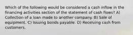 Which of the following would be considered a cash inflow in the financing activities section of the statement of cash flows? A) Collection of a loan made to another company. B) Sale of equipment. C) Issuing bonds payable. D) Receiving cash from customers.