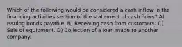 Which of the following would be considered a cash inflow in the financing activities section of the statement of cash flows? A) Issuing bonds payable. B) Receiving cash from customers. C) Sale of equipment. D) Collection of a loan made to another company.