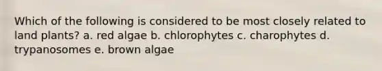 Which of the following is considered to be most closely related to land plants? a. red algae b. chlorophytes c. charophytes d. trypanosomes e. brown algae