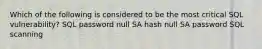 Which of the following is considered to be the most critical SQL vulnerability? SQL password null SA hash null SA password SQL scanning