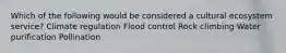 Which of the following would be considered a cultural ecosystem service? Climate regulation Flood control Rock climbing Water purification Pollination