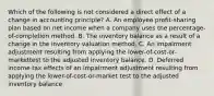 Which of the following is not considered a direct effect of a change in accounting principle? A. An employee profit-sharing plan based on net income when a company uses the percentage-of-completion method. B. The inventory balance as a result of a change in the inventory valuation method. C. An impairment adjustment resulting from applying the lower-of-cost-or-markettest to the adjusted inventory balance. D. Deferred income tax effects of an impairment adjustment resulting from applying the lower-of-cost-or-market test to the adjusted inventory balance