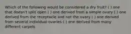Which of the following would be considered a dry fruit? ( ) one that doesn't split open ( ) one derived from a simple ovary ( ) one derived from the receptacle and not the ovary ( ) one derived from several individual ovaries ( ) one derived from many different carpels