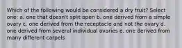 Which of the following would be considered a dry fruit? Select one: a. one that doesn't split open b. one derived from a simple ovary c. one derived from the receptacle and not the ovary d. one derived from several individual ovaries e. one derived from many different carpels