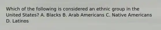 Which of the following is considered an ethnic group in the United States? A. Blacks B. Arab Americans C. Native Americans D. Latinos