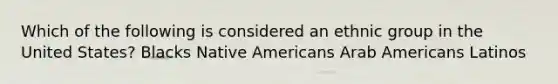 Which of the following is considered an ethnic group in the United States? Blacks Native Americans Arab Americans Latinos