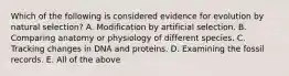 Which of the following is considered evidence for evolution by natural selection? A. Modification by artificial selection. B. Comparing anatomy or physiology of different species. C. Tracking changes in DNA and proteins. D. Examining the fossil records. E. All of the above